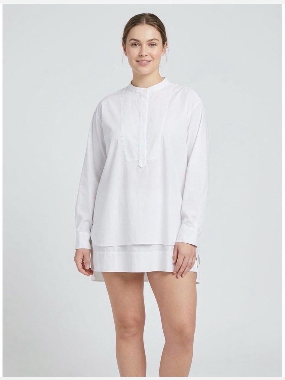 SPANX White Long Sleeve Bib-Front Tunic Shirt with Banded Collar Size Small